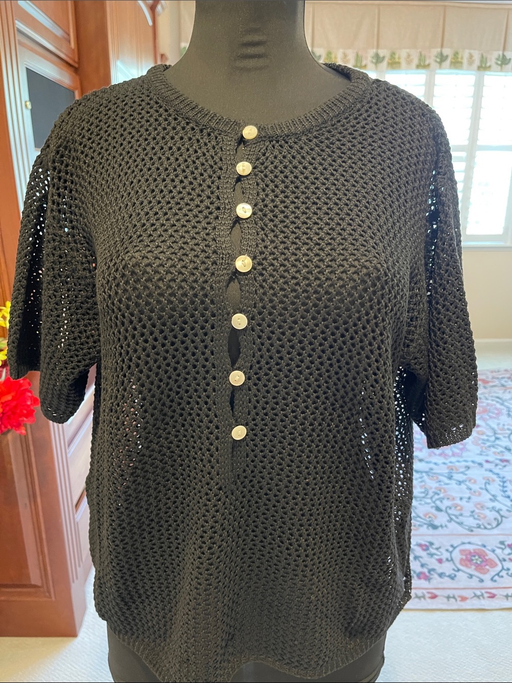 DAVI & DANI Black Crochet Button-Front Short Sleeve Top